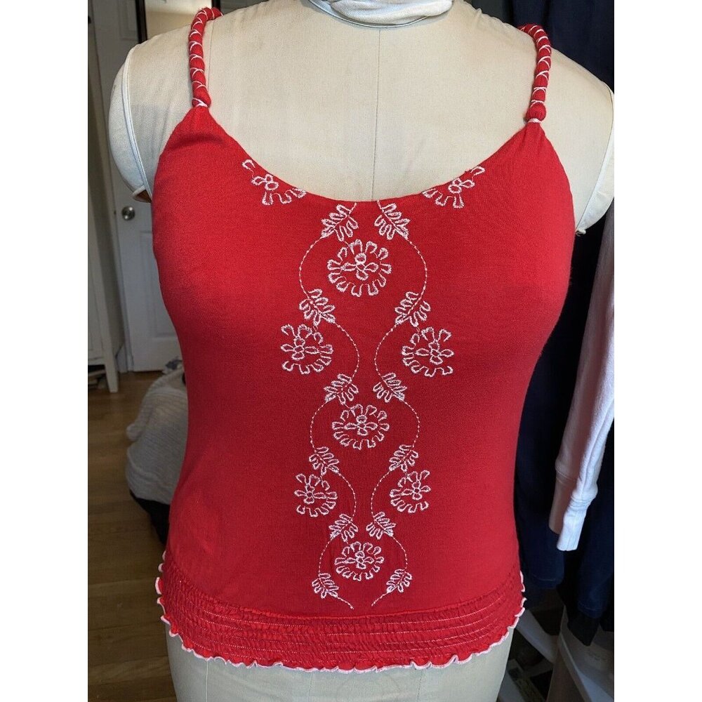 Halter Red White Embroidery Flowers Razor Back Tank Summer BOHO Gypsy Peasant M